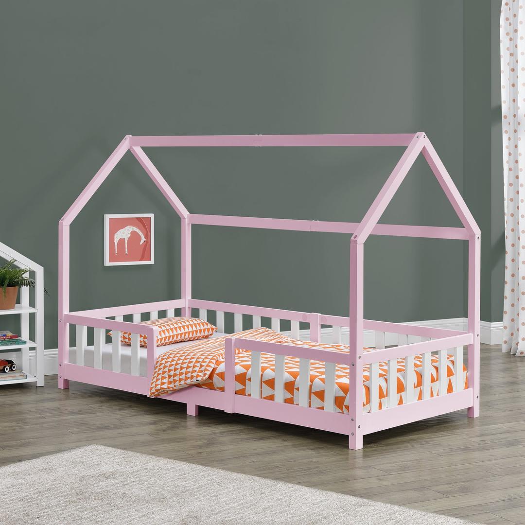 Lit cabane avec barrière - 90x200cm - Rose