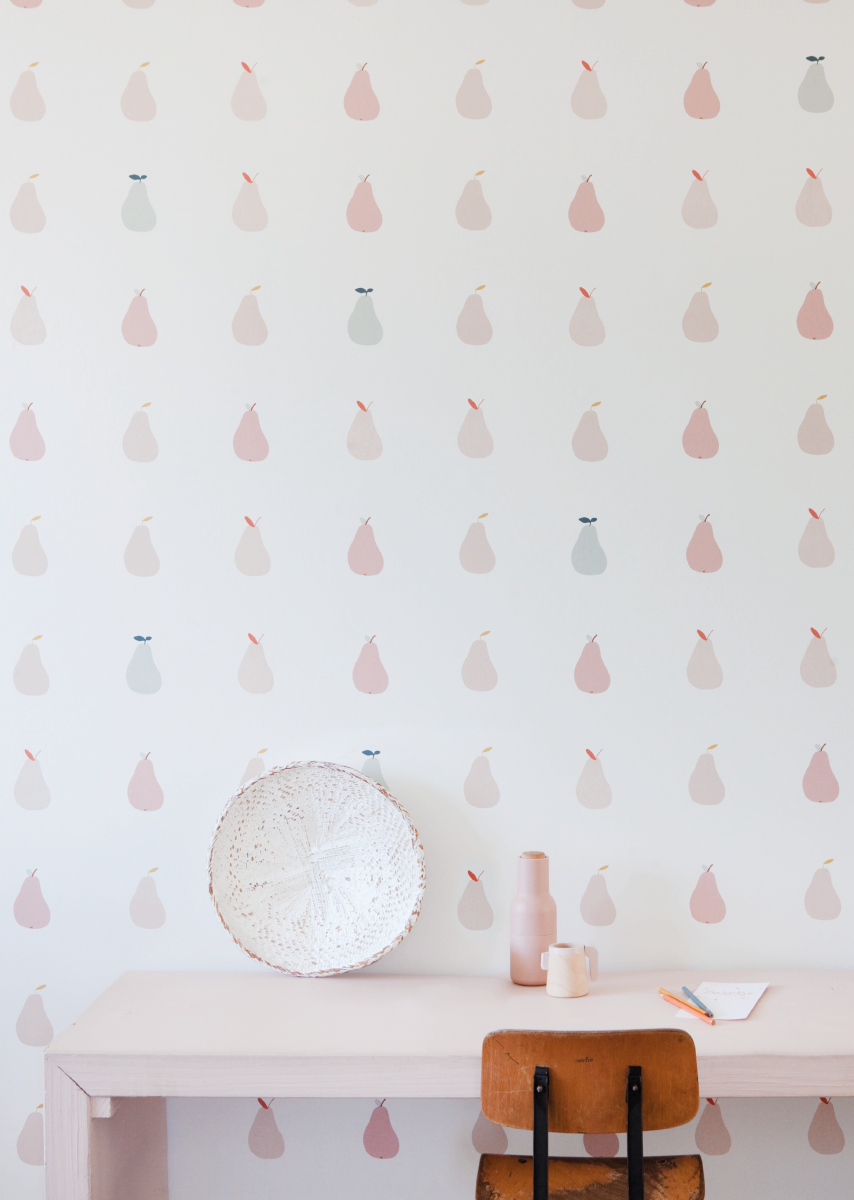 Papier peint chambre enfant motif Poires - Rose & Vert sauge