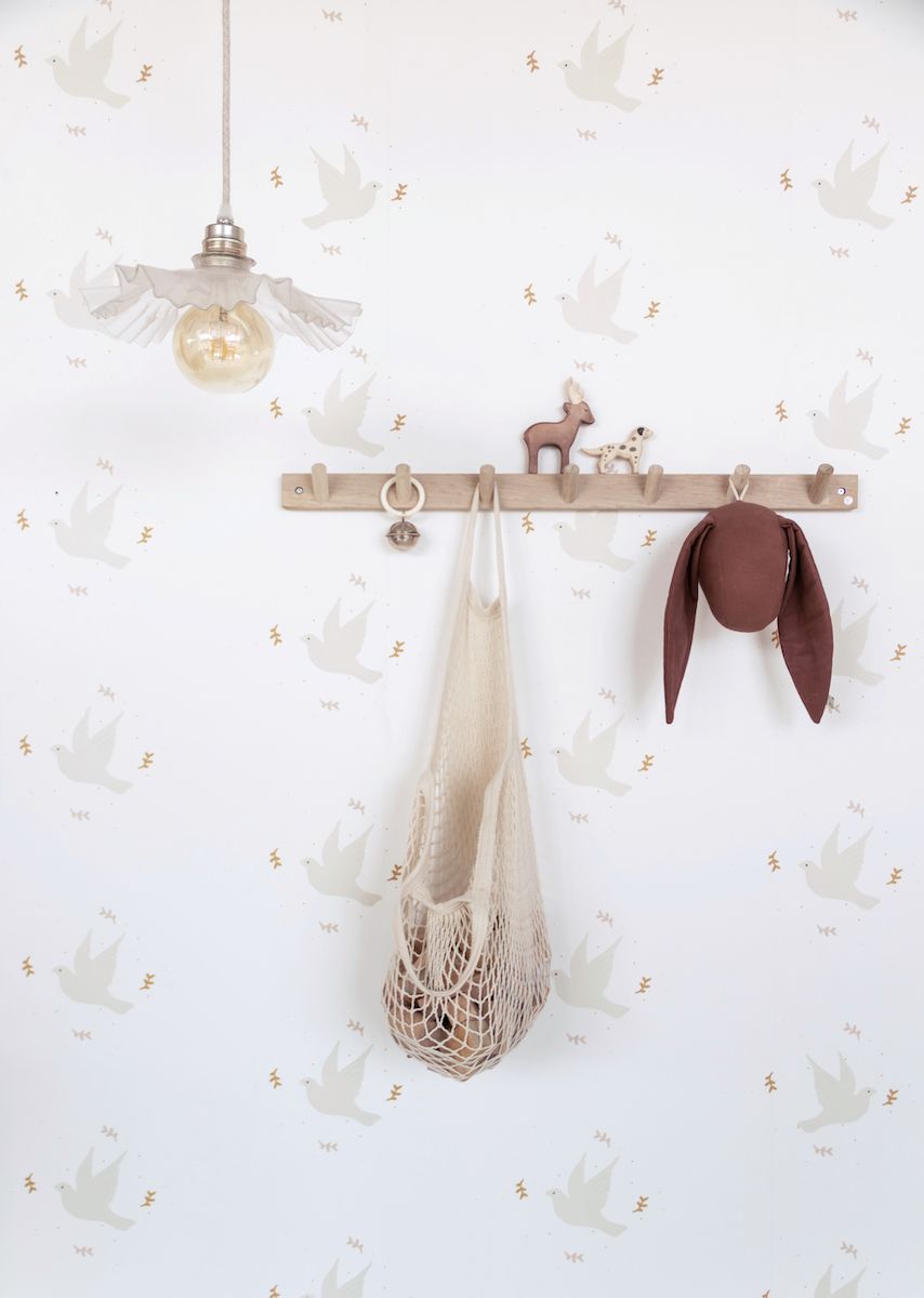 Papier peint chambre enfant motif Oiseaux - Gris clair & Beige