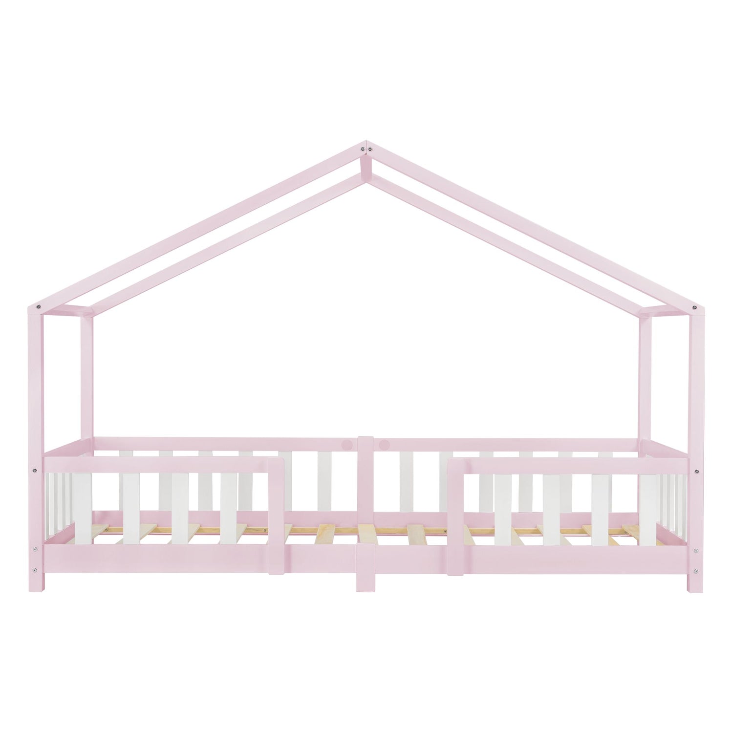 Lit cabane avec barrière + matelas - 90x200cm - Rose & Blanc