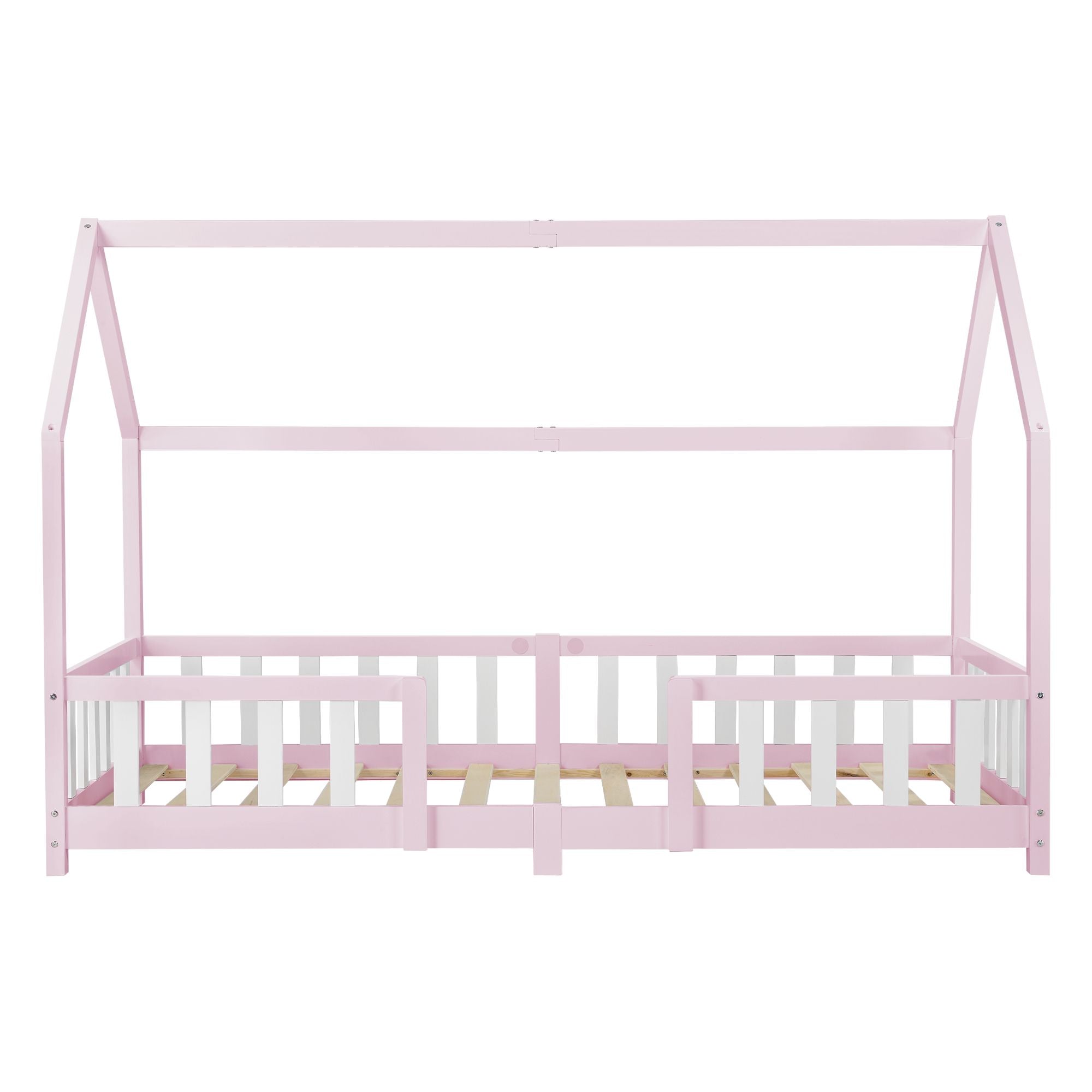 Hutbed met barrière + matras - 90x200cm - Roze & Wit