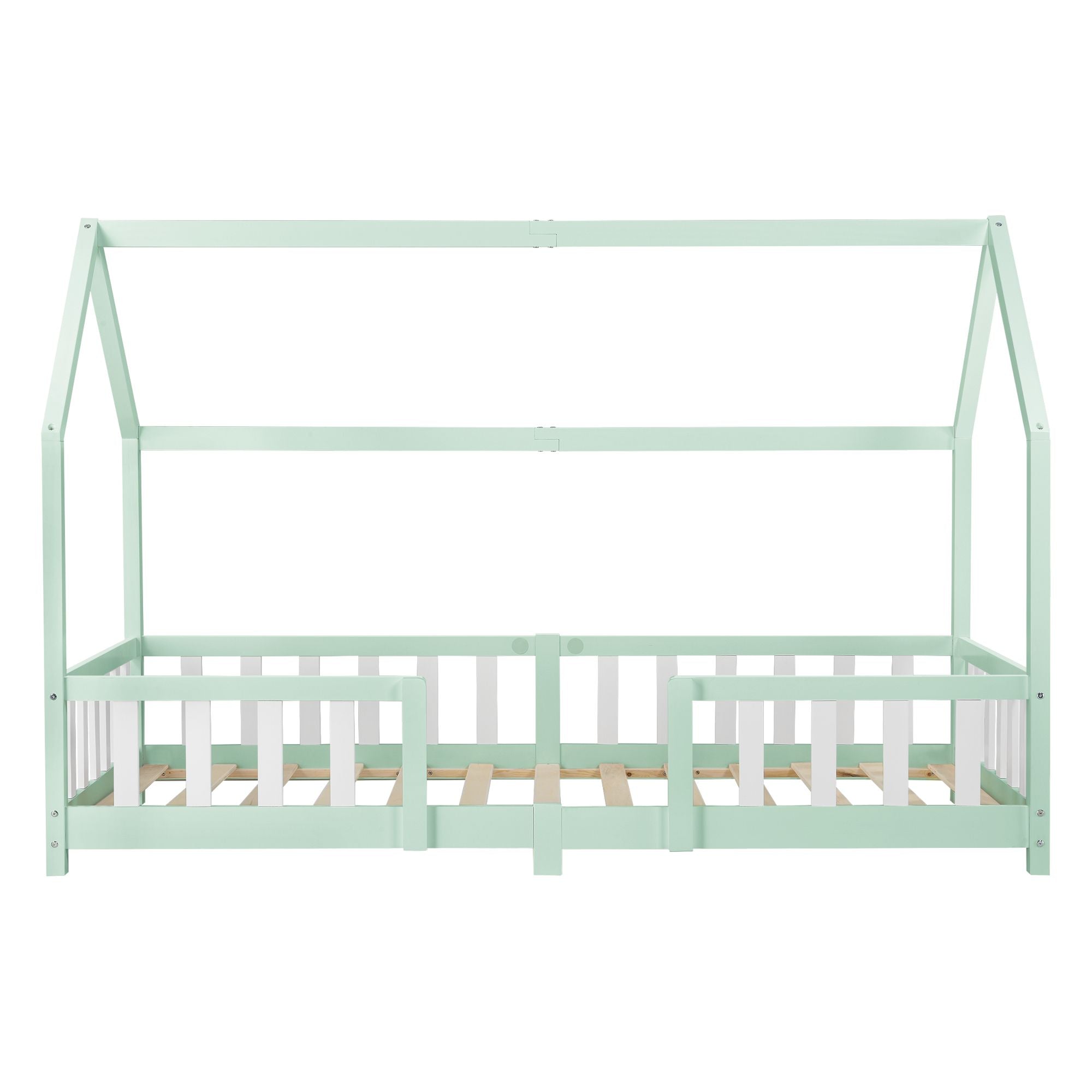 Lit cabane avec barrière + matelas - 90x200cm - Vert & Blanc