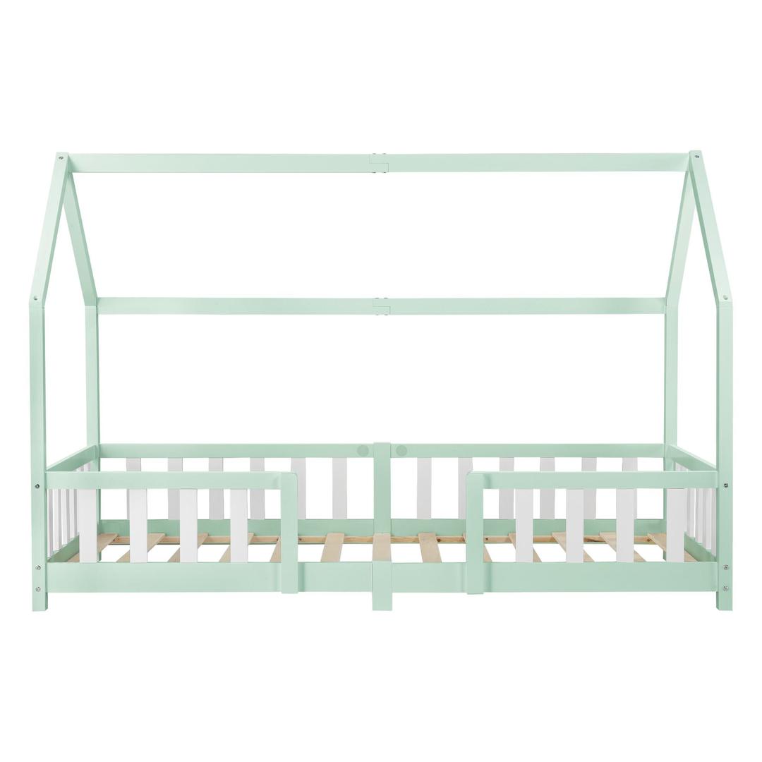 Lit cabane avec barrière + matelas - 90x200cm - Vert & Blanc