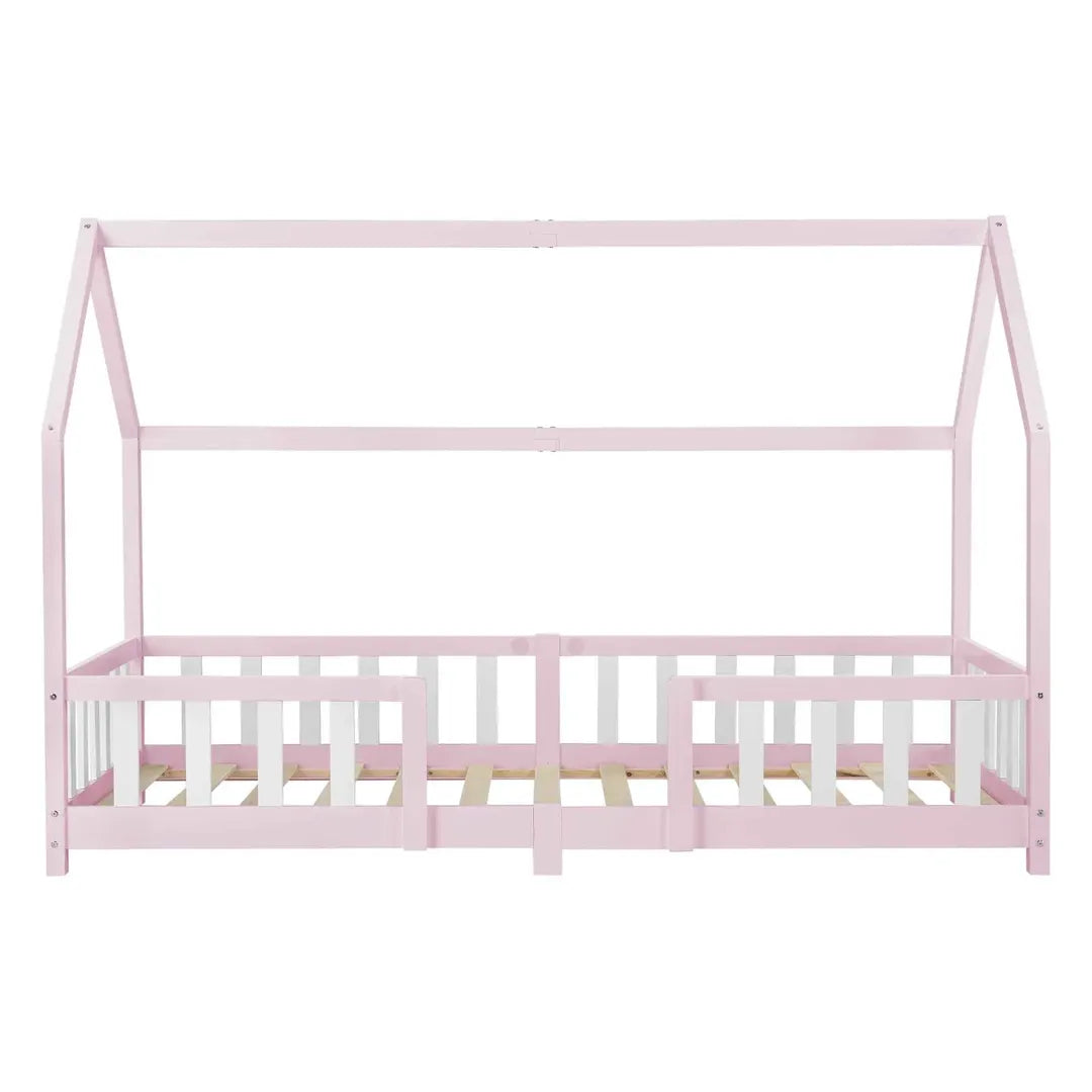 Lit cabane avec barrière - 90x200cm - Rose