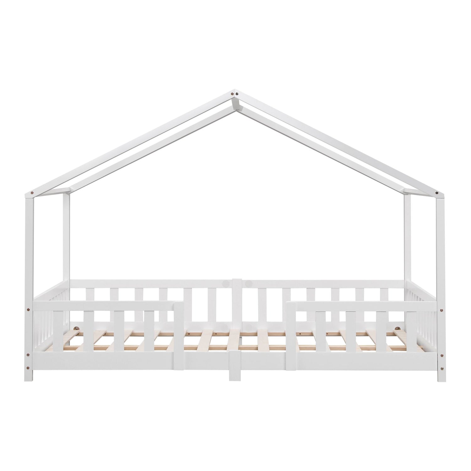 Grand lit cabane double avec barrière et matelas - 140x200cm - Blanc