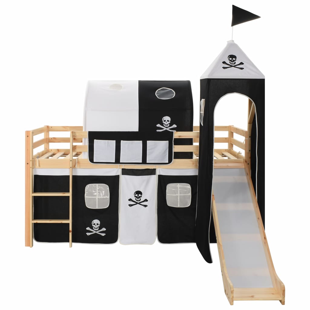 Lit cabane mezzanine avec toboggan et tente pirate - 90x200cm - Bois naturel