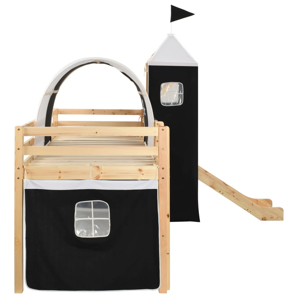 Lit cabane mezzanine avec toboggan et tente pirate - 90x200cm - Bois naturel