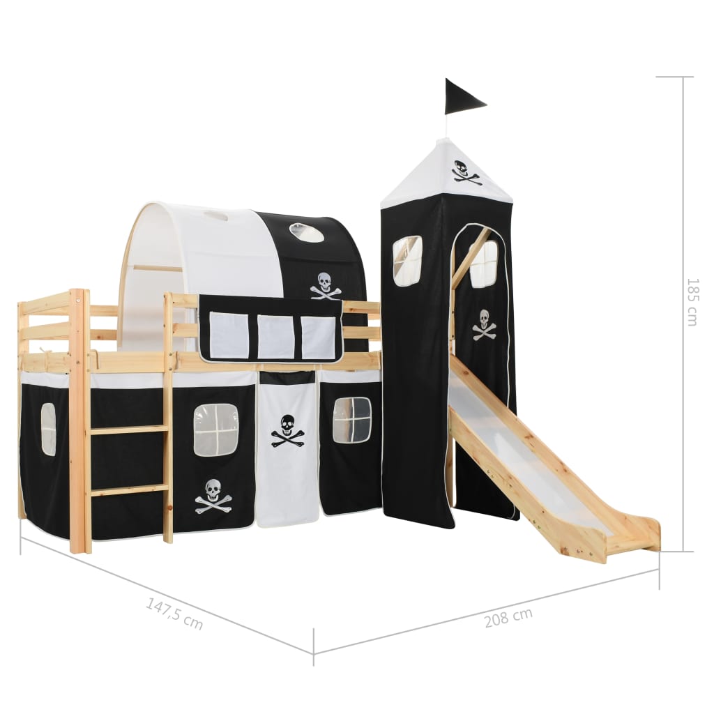 Lit cabane mezzanine avec toboggan et tente pirate - 90x200cm - Bois naturel