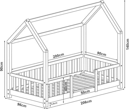 Lit cabane rose avec barrière 90x200cm