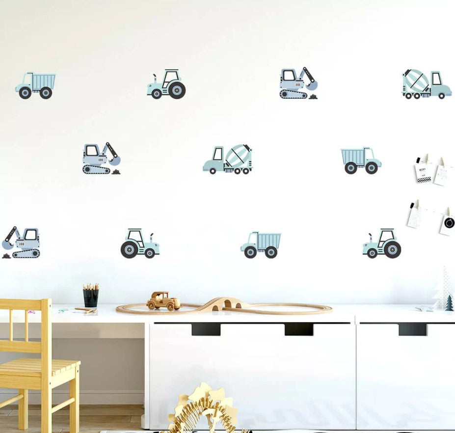 Autocollant sticker chambre enfant Tracteur &amp; pelleteuse - Bleu