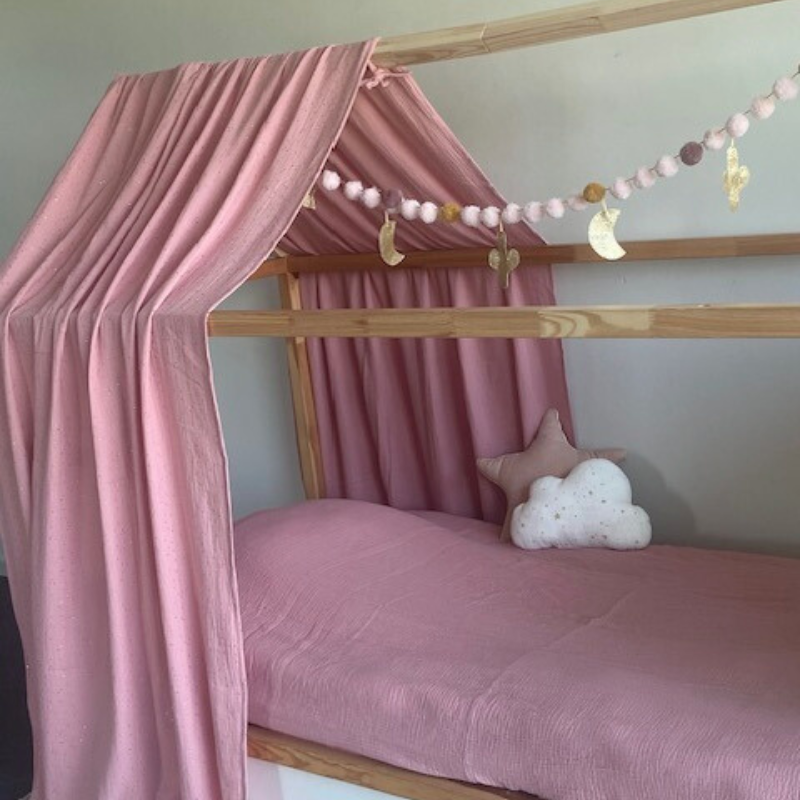 Ciel de lit rose à pois dorés pour lit Kura IKEA