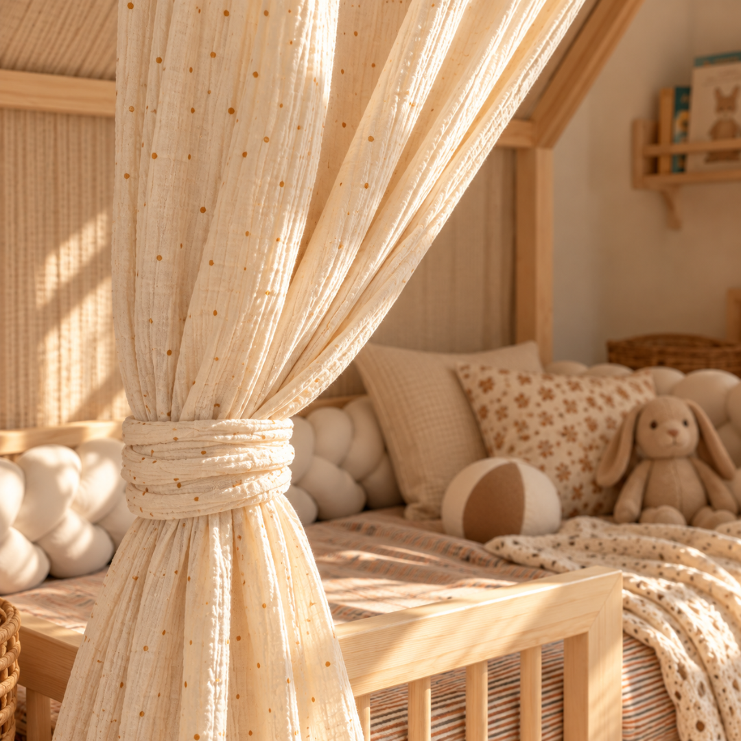 Ciel de lit cabane (pack de 2) Ecru pois dorés en stock