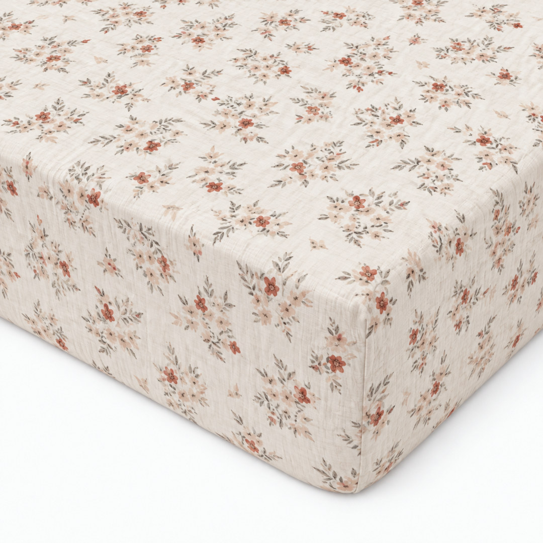 Drap housse double gaze coton fleuri NINA