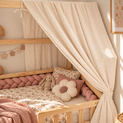Ciel de lit cabane Ecru pois dorés en stock