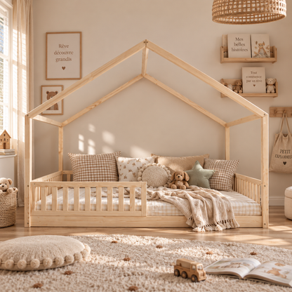 Grand lit cabane Montessori Matteo avec barrière 140x200cm