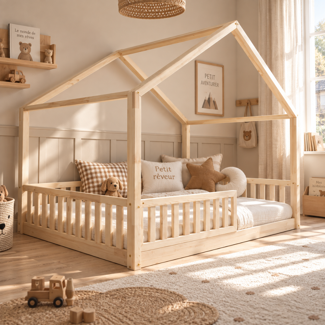 Grand lit cabane Montessori Matteo avec barrière 140x200cm
