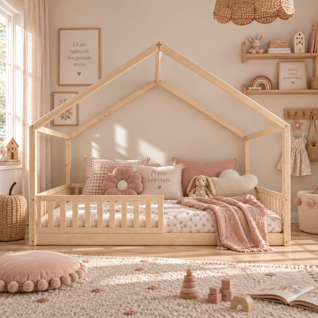 Grand lit cabane Montessori Matteo avec barrière 140x200cm