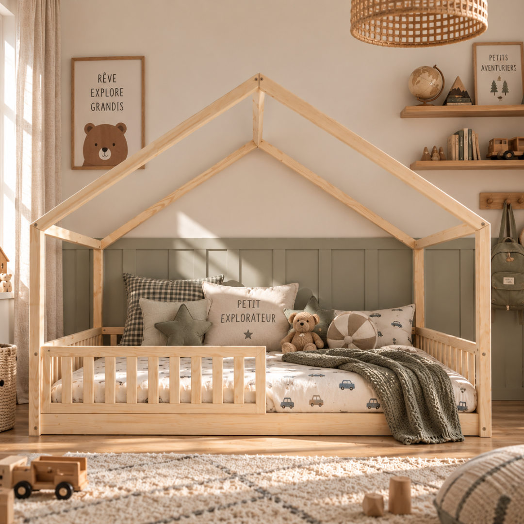 Grand lit cabane Montessori Matteo avec barrière 140x200cm