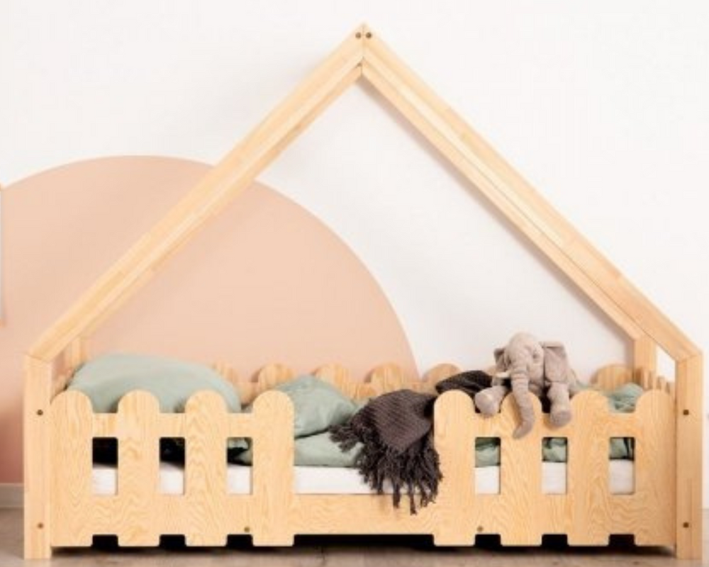 Lit Cabane Enfant 90x200 Cm – Lit Au Sol Montessori Avec Barrière, Rangement Et Sommier à Lattes – Bois De Pin, Blanc