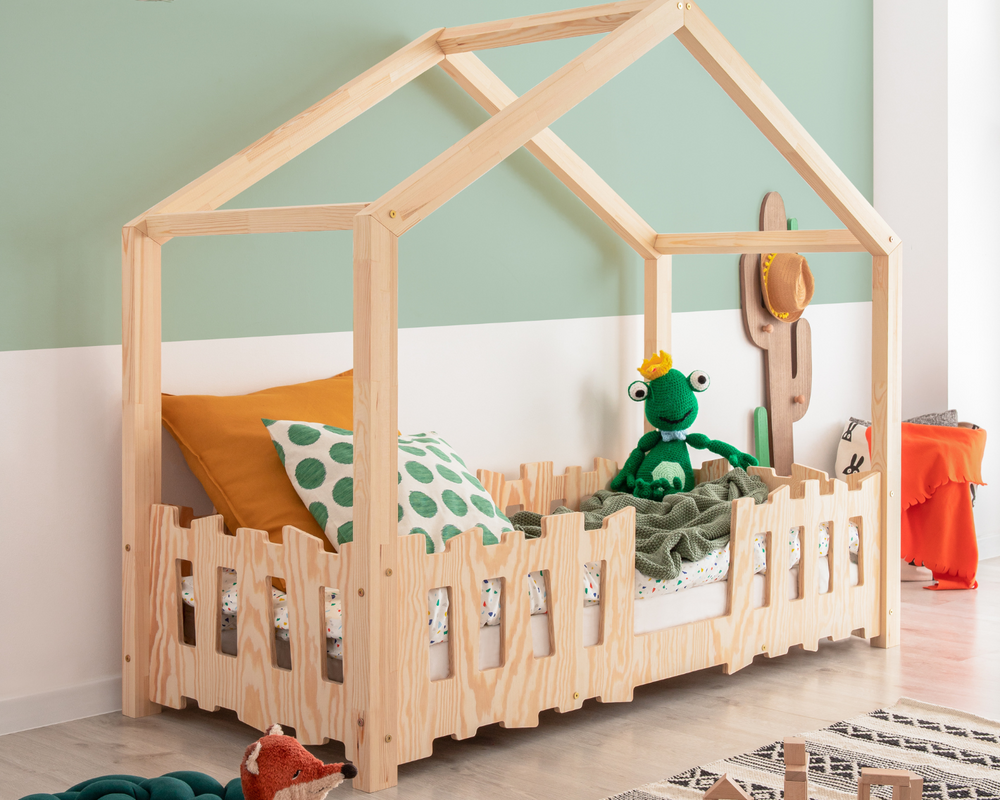 Lit cabane enfant en bois avec barrière 80x160cm –