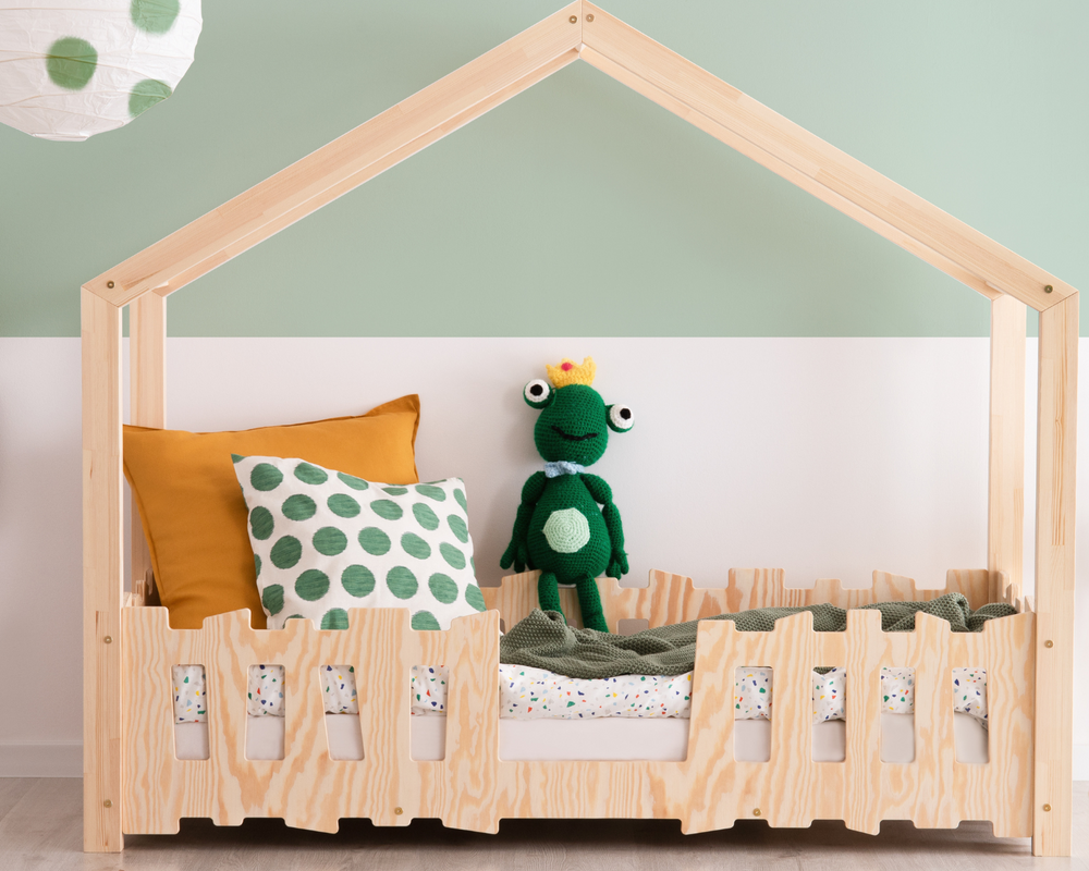 Lit cabane enfant en bois avec barrière 80x160cm –