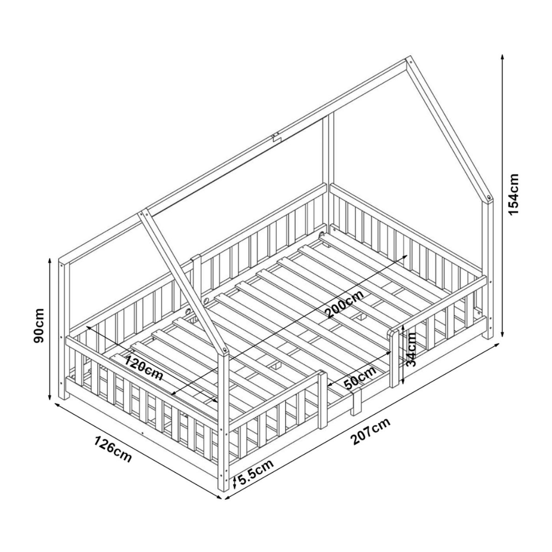 Grand lit cabane Montessori avec barrière + matelas - 120x200cm - Bois naturel