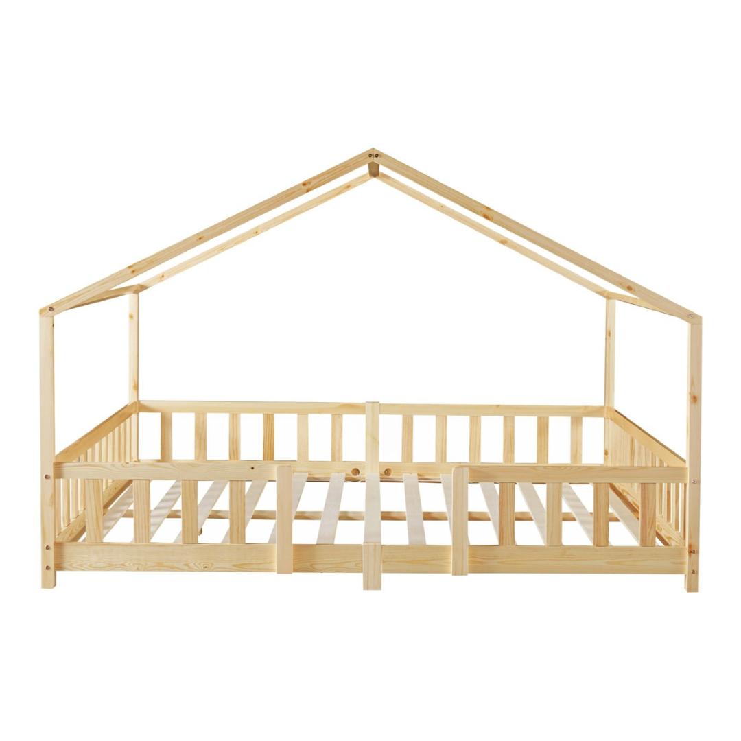 Grand lit cabane double avec barrière - 140x200cm - Bois naturel
