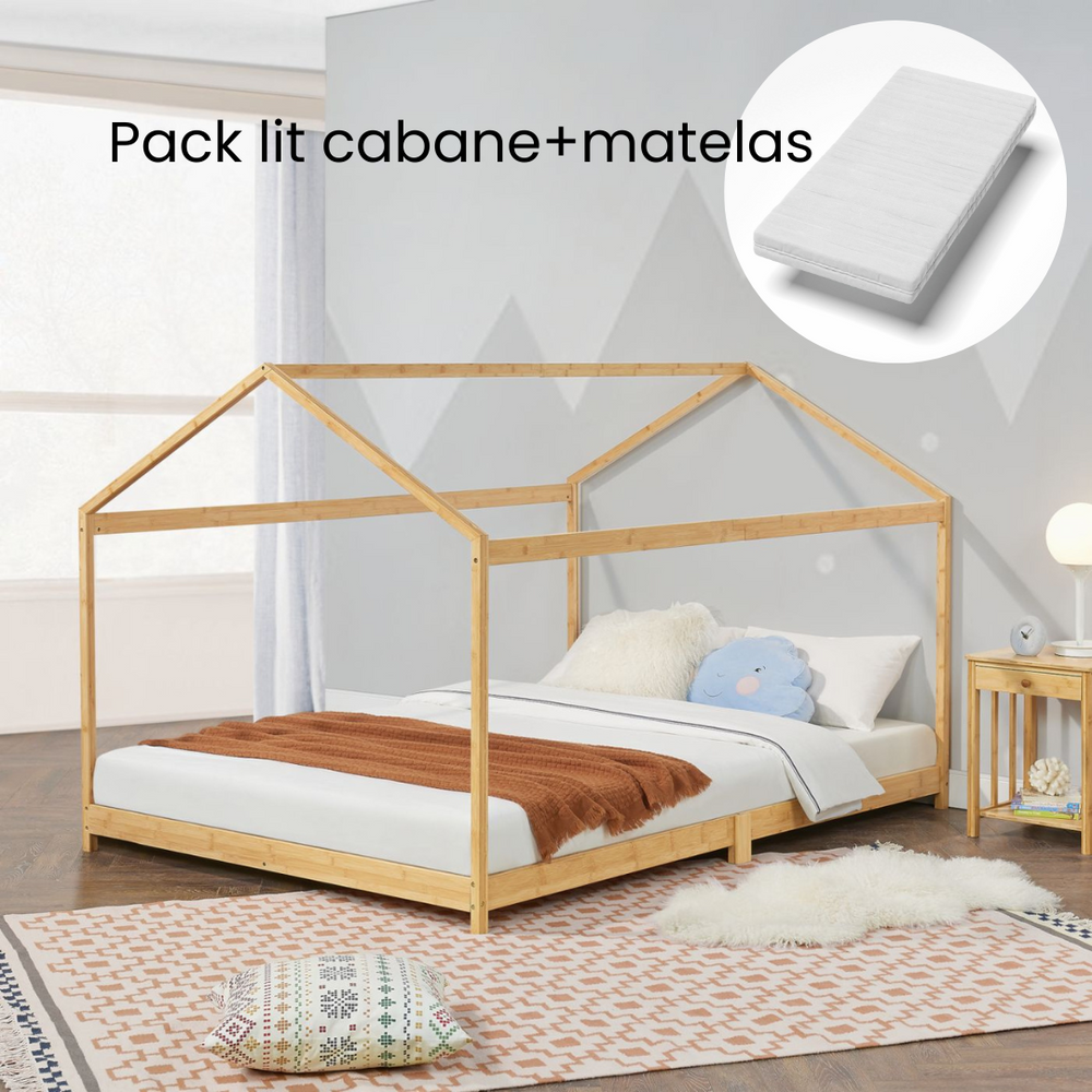 Grand lit cabane double avec matelas inclus - 120x200cm - Bois naturel