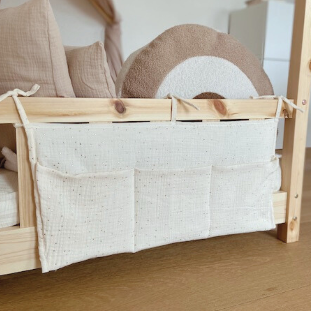 Pochette de rangement lit - Ecru pois dorés