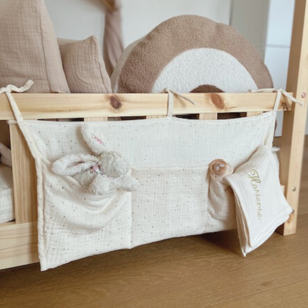 Pochette de rangement lit - Ecru pois dorés