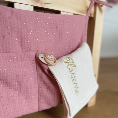 Pochette de rangement lit - Rose pois dorés