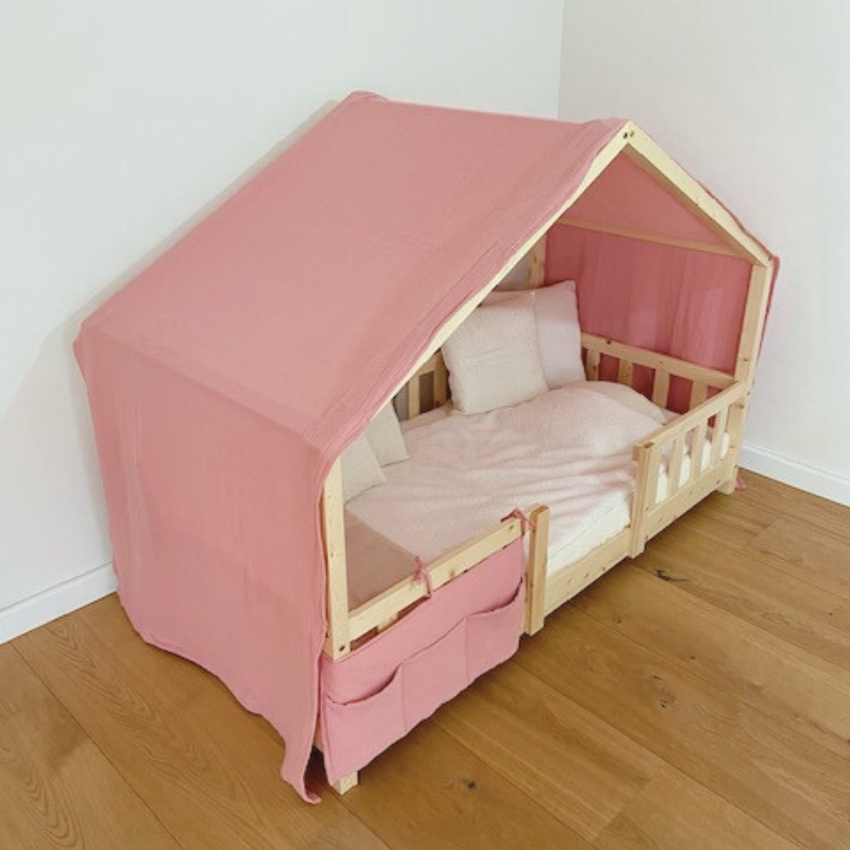 Lovely Hippo Ciel De Lit Cabane 100% Coton Mousseline Oeko-Tex GOTS – Toile Élégante Pour Lit Montessori 80x160 à 90x200 Cm – Pétale/Or