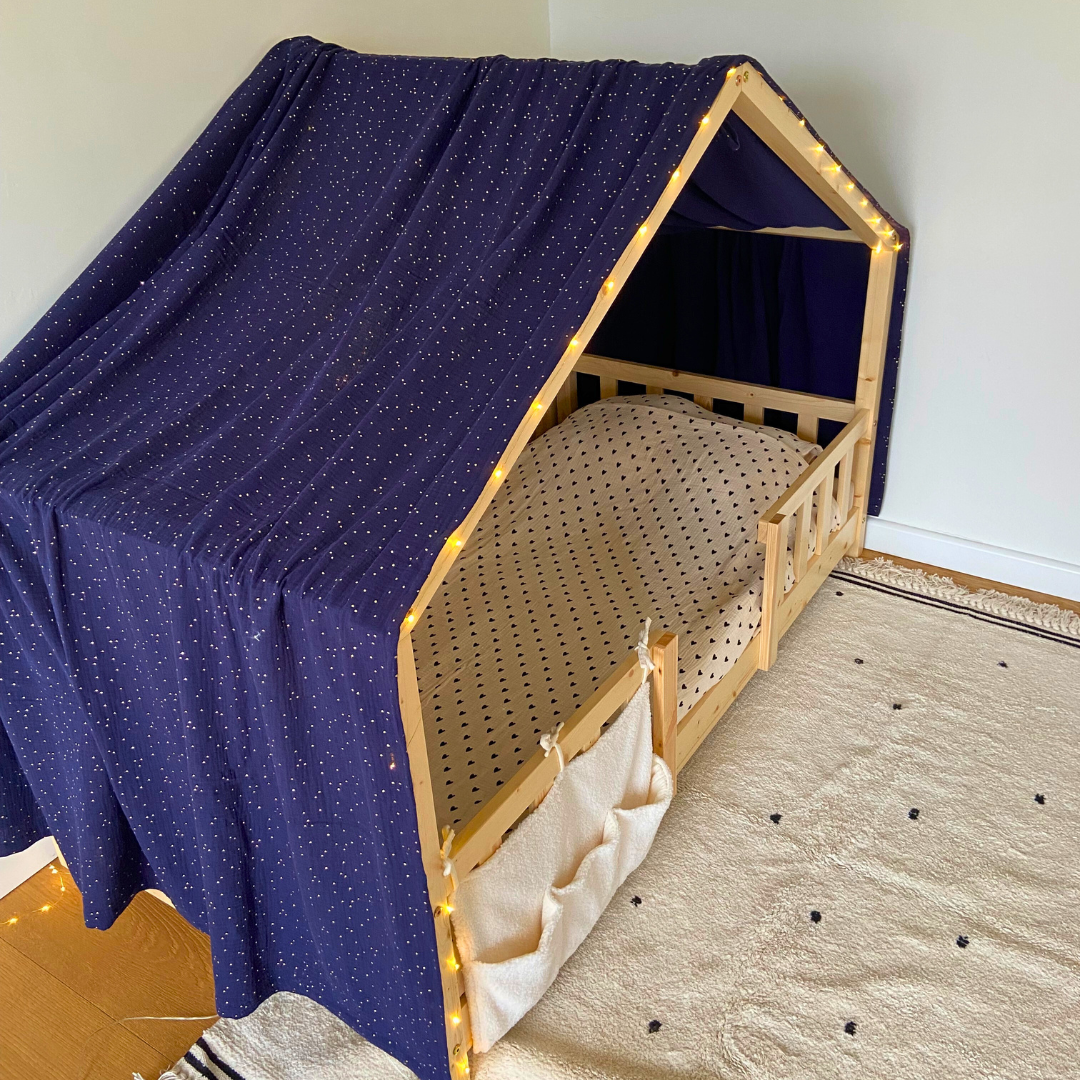 Ciel de lit cabane Bleu nuit pois dorés