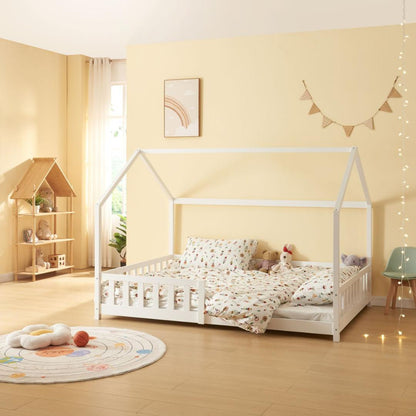 Pack grand lit cabane avec barrière + matelas 140x200cm