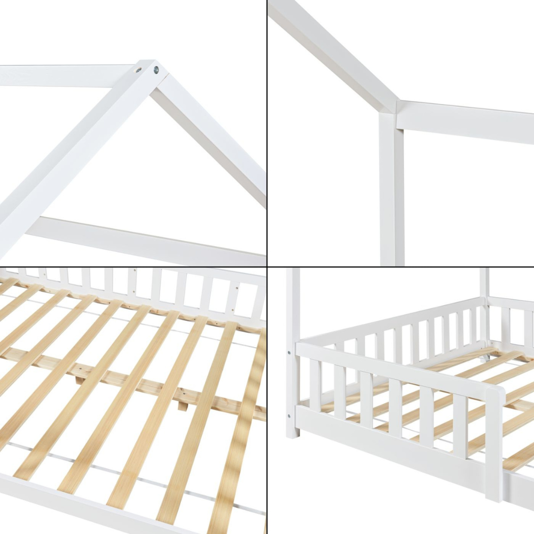 Pack grand lit cabane avec barrière + matelas 140x200cm