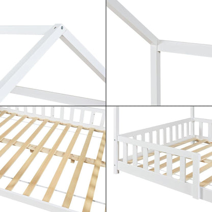 Pack grand lit cabane avec barrière + matelas 120x200cm