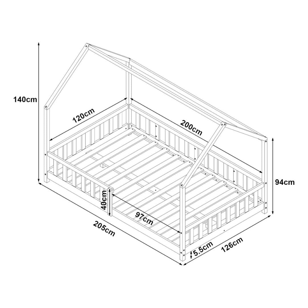 Pack grand lit cabane avec barrière + matelas 120x200cm