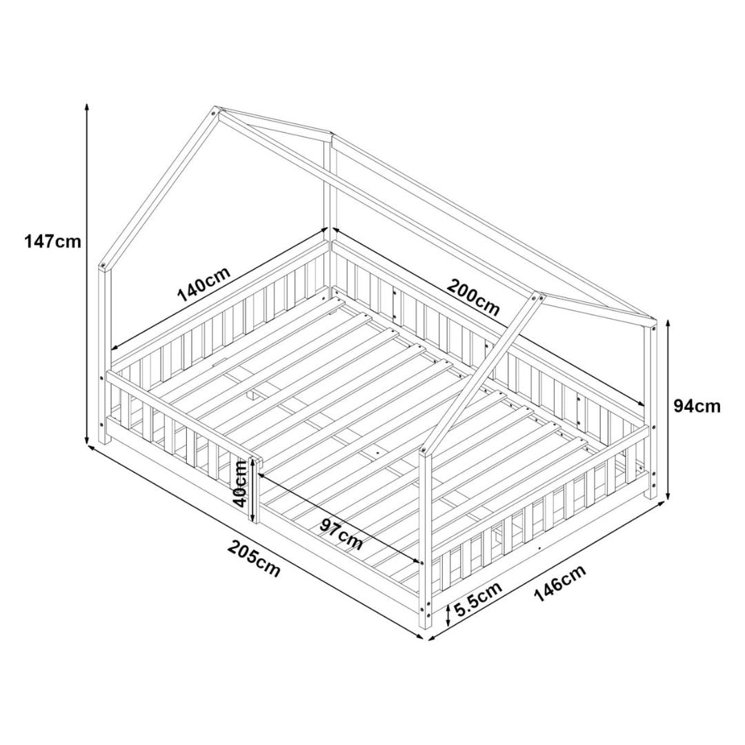 Pack grand lit cabane avec barrière + matelas 140x200cm