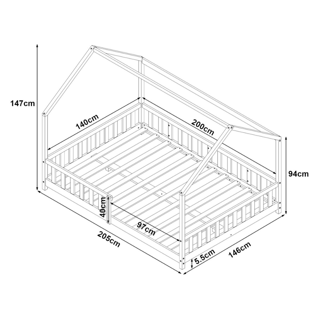 Pack grand lit cabane avec barrière + matelas 140x200cm
