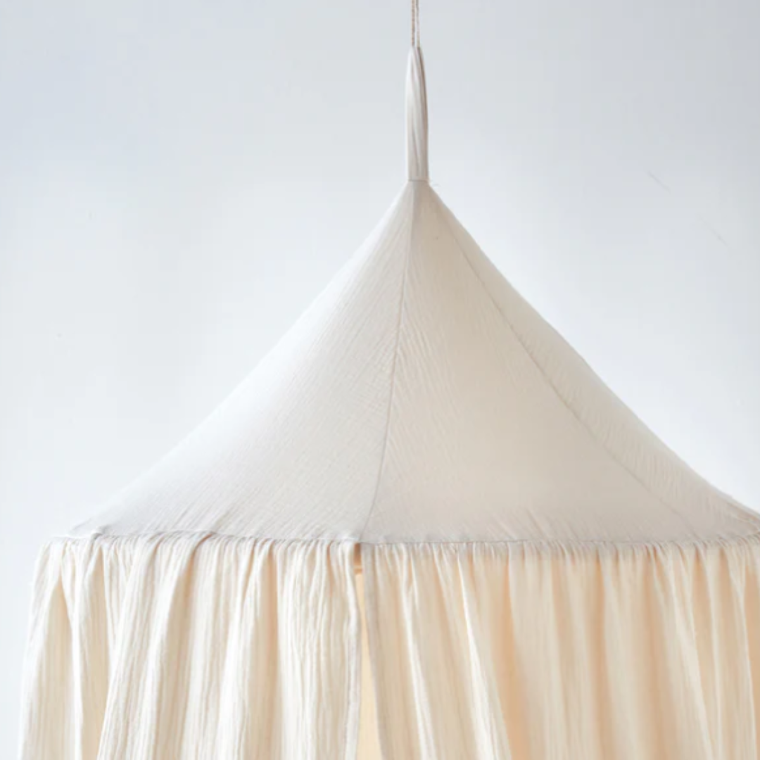 Ciel de lit bébé Blanc pois dorés - Fait main double gaze