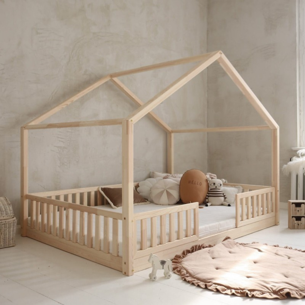 Lit Cabane Montessori 90x190 Cm – Métal Blanc Avec Barrière 29 Cm & Sommier Lattes Solide, Style Maison Au Sol