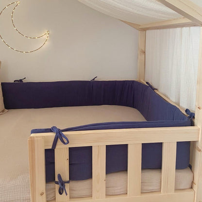 Tour de lit cabane double gaze bleu indigo