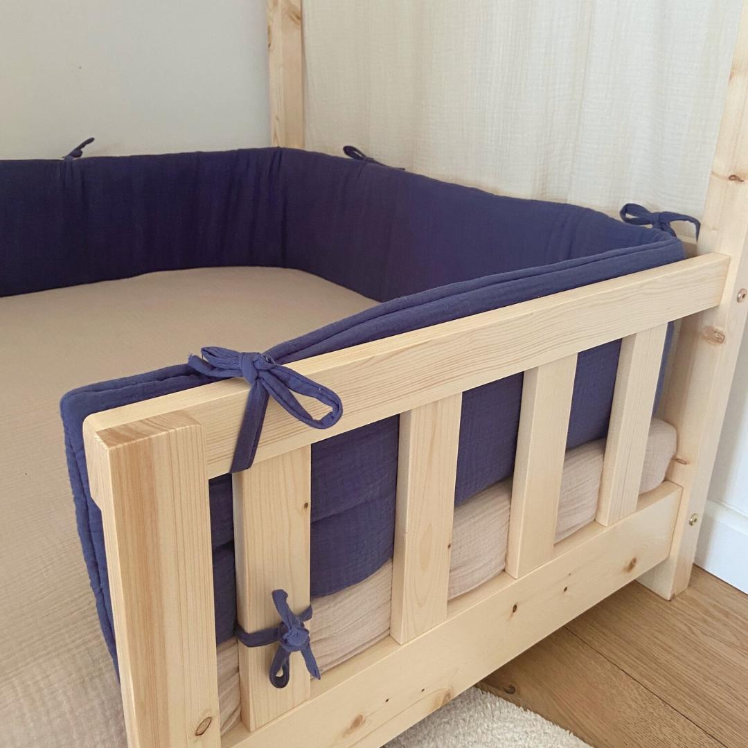 Tour de lit cabane double gaze bleu indigo
