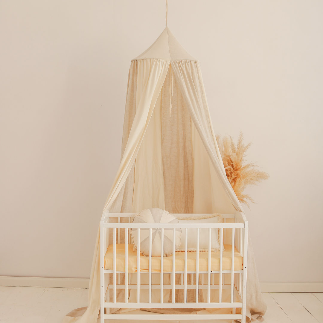 Ciel de lit bébé Beige &amp; écru - Fait main