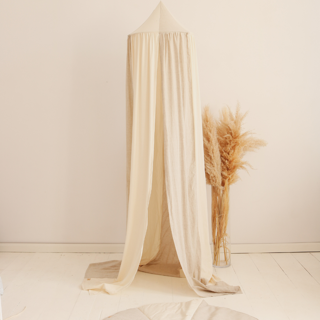 Ciel de lit bébé Beige &amp; écru - Fait main