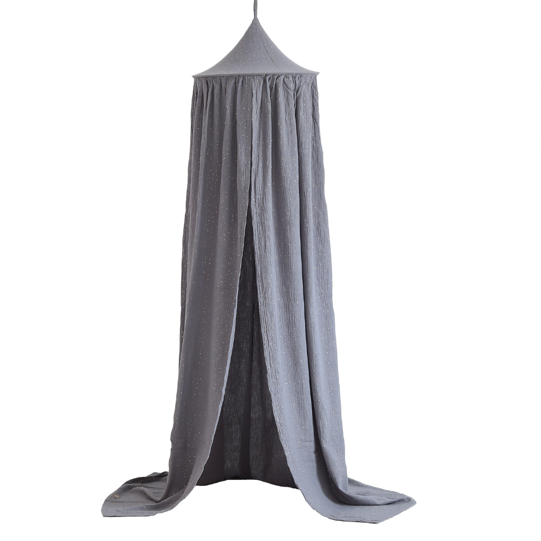 Ciel de lit bébé Gris foncé à pois dorés - Fait main