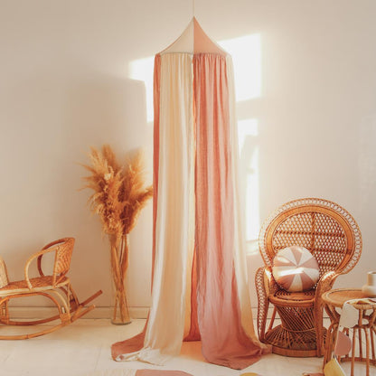 Ciel de lit bébé Rose &amp; écru - Fait main