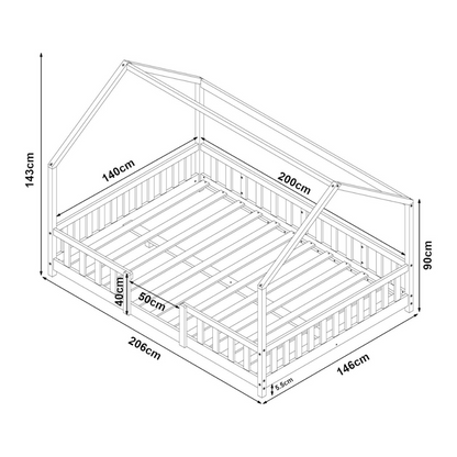 Grand lit cabane avec barrière + matelas - 140x200cm - Blanc