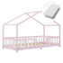 Lit cabane avec barrière + matelas - 90x200cm - Rose & Blanc