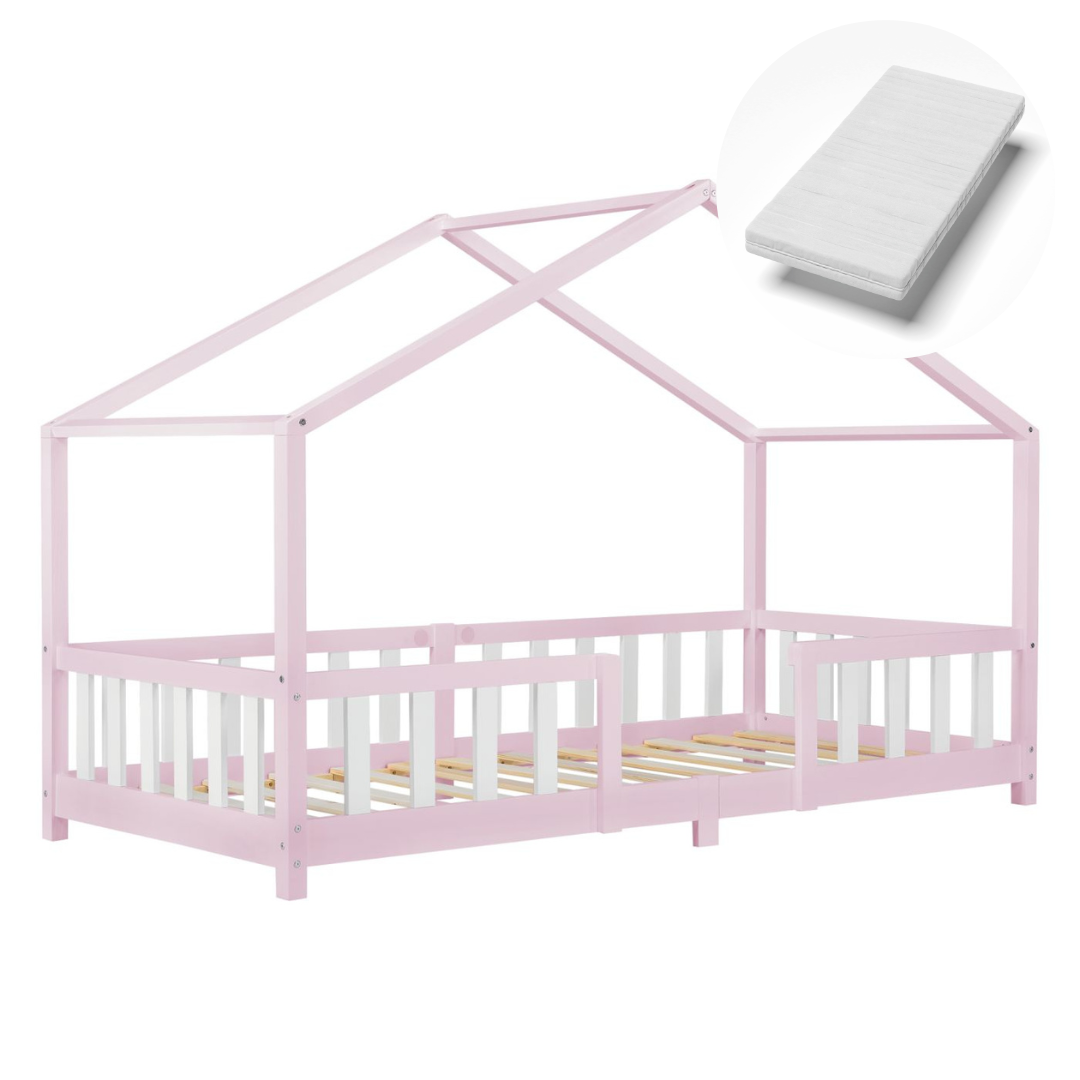Lit cabane avec barrière + matelas - 90x200cm - Rose & Blanc